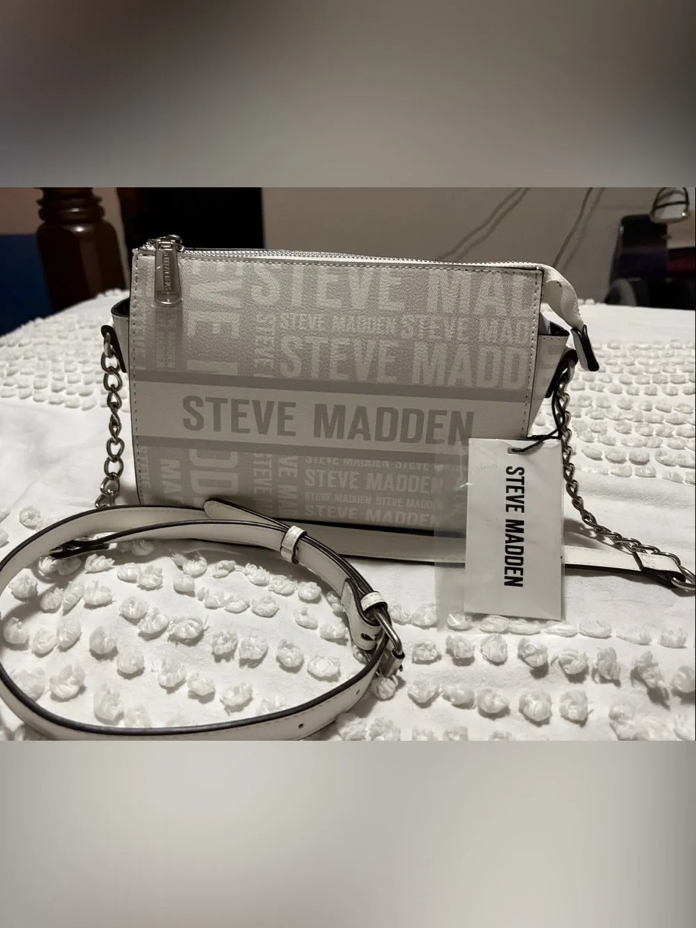 Steve Madden White Logo Print Crossbody Bag